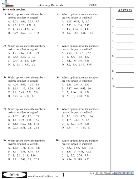 Decimal Worksheets - Ordering Decimals  worksheet